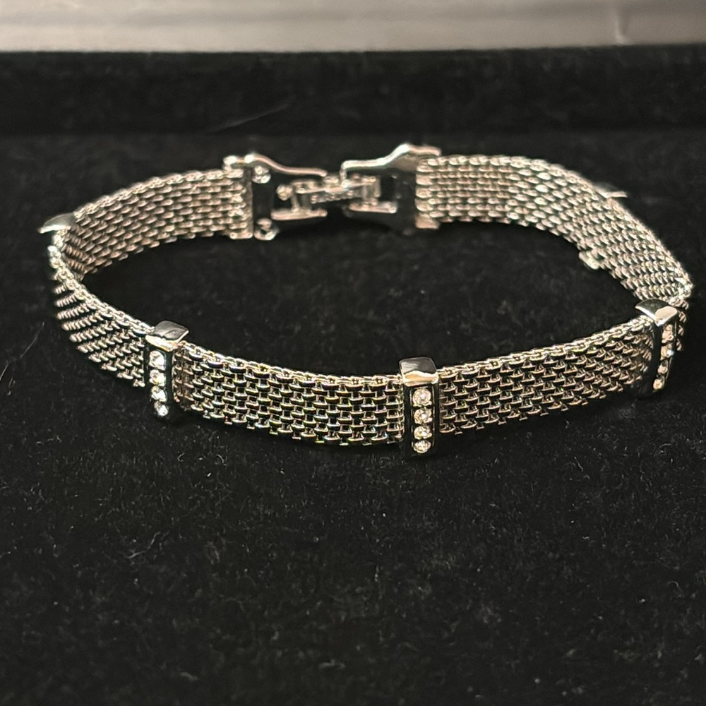 Swarovski Silver Tone Mesh Bracelet Raised Sections with  set Stones